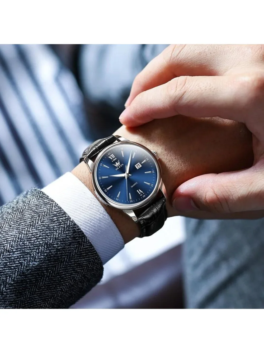 Men's Blue Black Leather Band Waterproof Relog Para Hombres Classic Wrist Watch